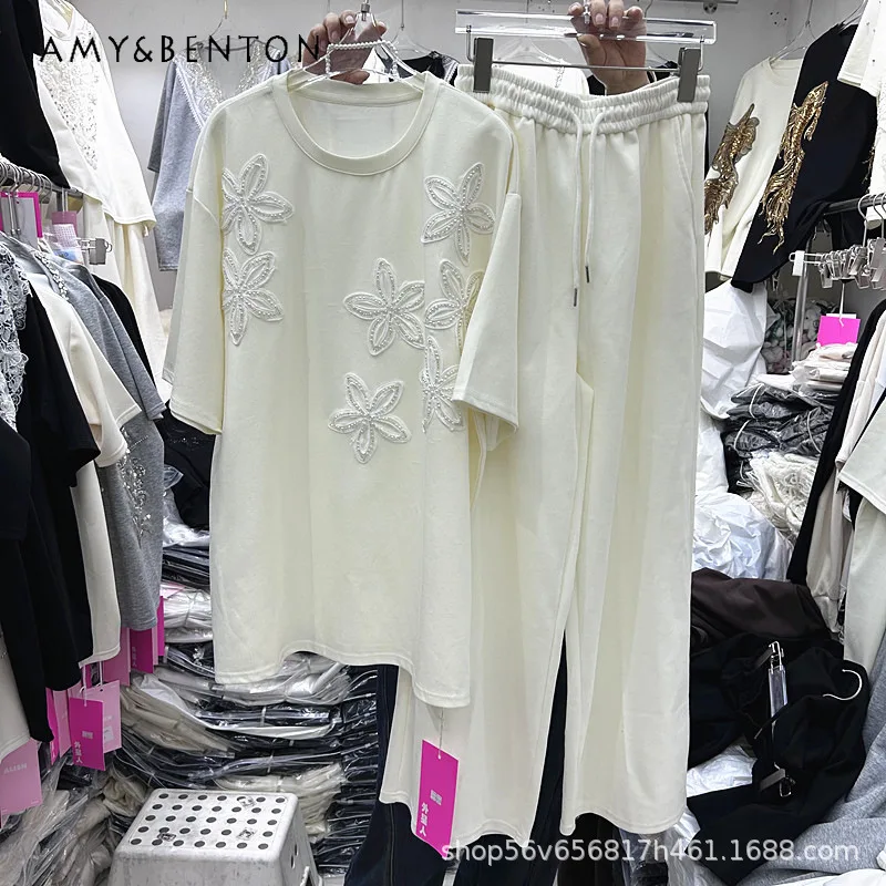 

Heavy Craft Design Beaded Floral Patchwork Loose Short-sleeved T-shirt Elastic Waist Wide-leg Lace Up Long Pants Y2k Cool Outfit