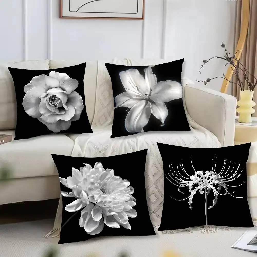 Dark Gothic Black White Floral Throw Pillowcase, Monochrome White Lily Rose Daisy Flower On Black Background for Living Room