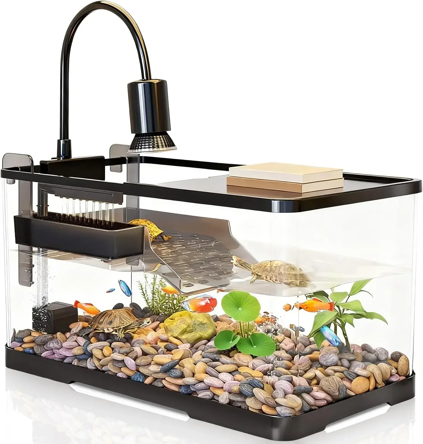(Tank + Light +Pump + Filter + Filter Balls) Turtle Tank Kit, Turtle Tank Starter Kit,Bottom Drainage, Multi-Function Areas for
