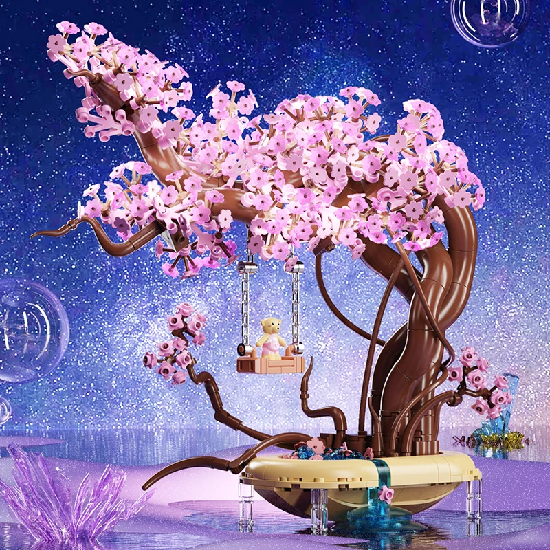 Cherry Blossom Swing Bear with glow-in-the-dark Plant Building Blocks DIY children's toys tabletop decorations