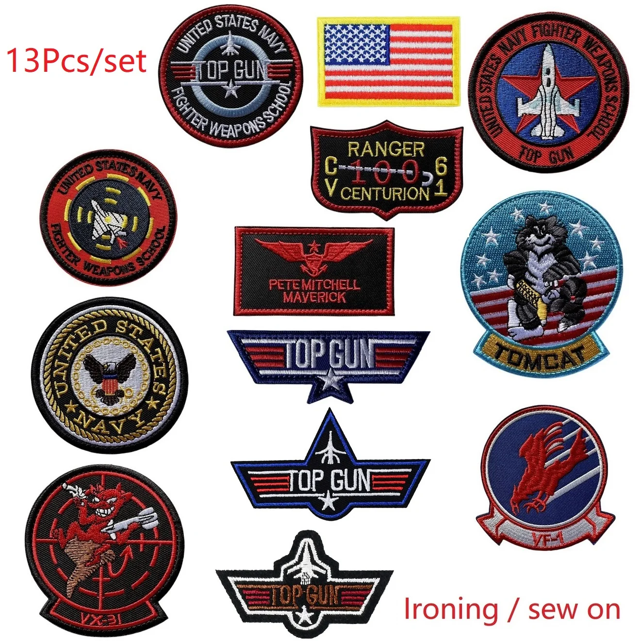 13Pcs/Set Top Gun Tomcat Chapter American VF-1Pilot Armband ironing Embroidery Patch For Sew Clothes Applique Hat Badge Sticker