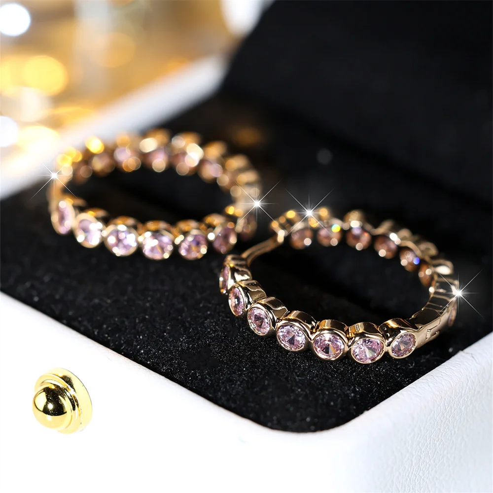 Elegant Pink Crystal Zircon Hoop Earring Single Row Small Round Stone Earrings For Women Vintage Gold Color Wedding Jewelry Gift