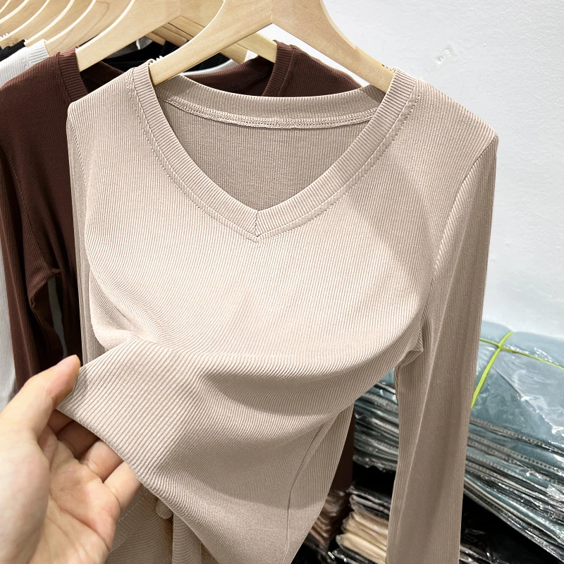 

2024 Women's Spring Autumn New Long Sleeve Slim T-shirt Female Solid Color T Shirts Ladies V-neck Bottoming Tops Tees H346