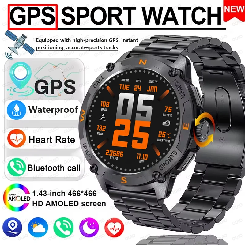 

New GPS Satellite Positioning SmartWatch Rotating Crown IP67 Waterproof Heart Rate 1.43 inch HD AMOLED Outdoor sports SmartWatch