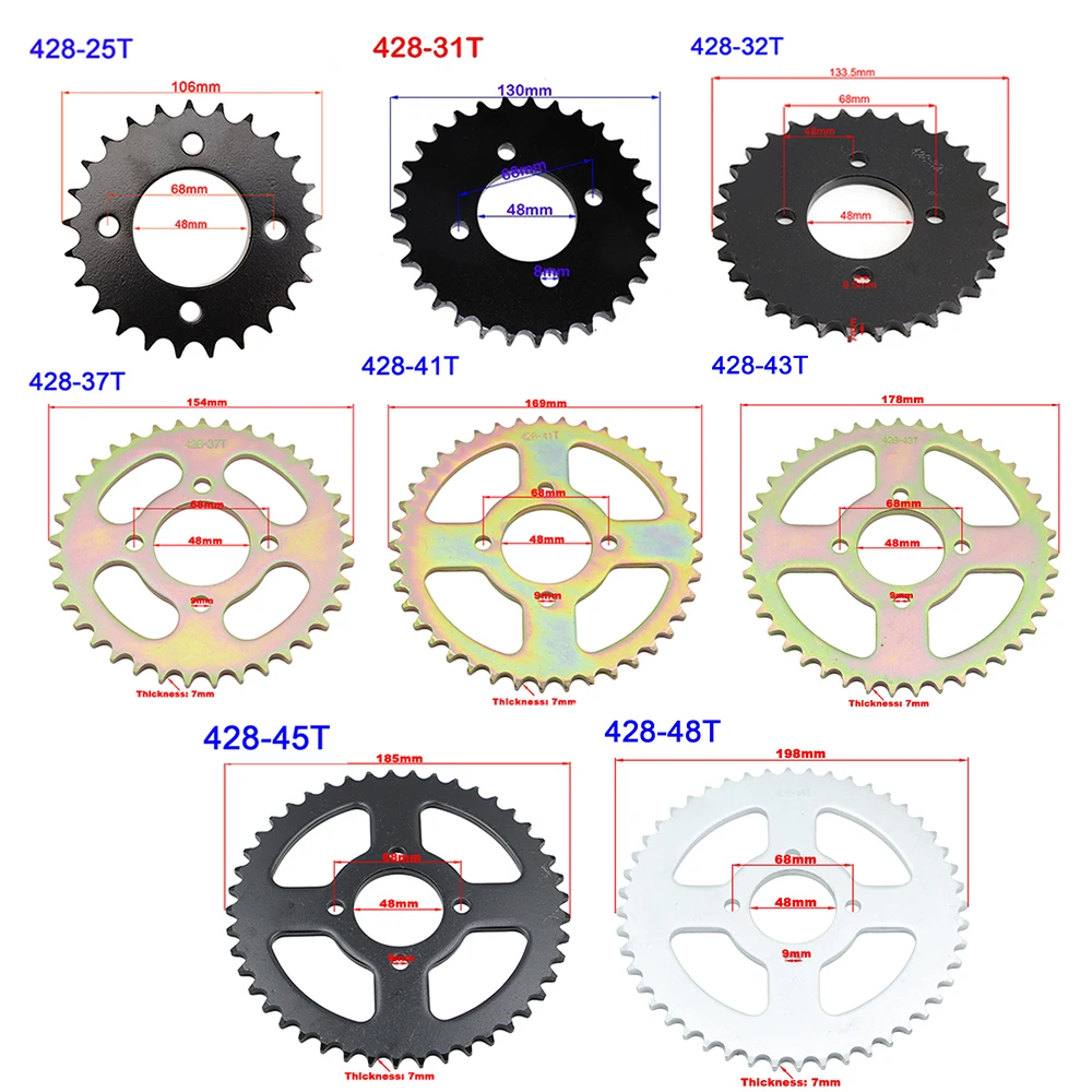428 Chain 25/31/32/37/41/43/45/48 Teeth Rear Sprocket ID 48mm For 50cc-250cc ATV Electric Quad Go Kart Buggy 4-Wheeler Parts