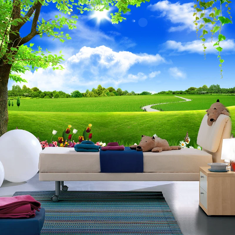

custom 3D Mural blue sky white cloud wallpaper garden grass landscape living room TV background wall extension space green 8d