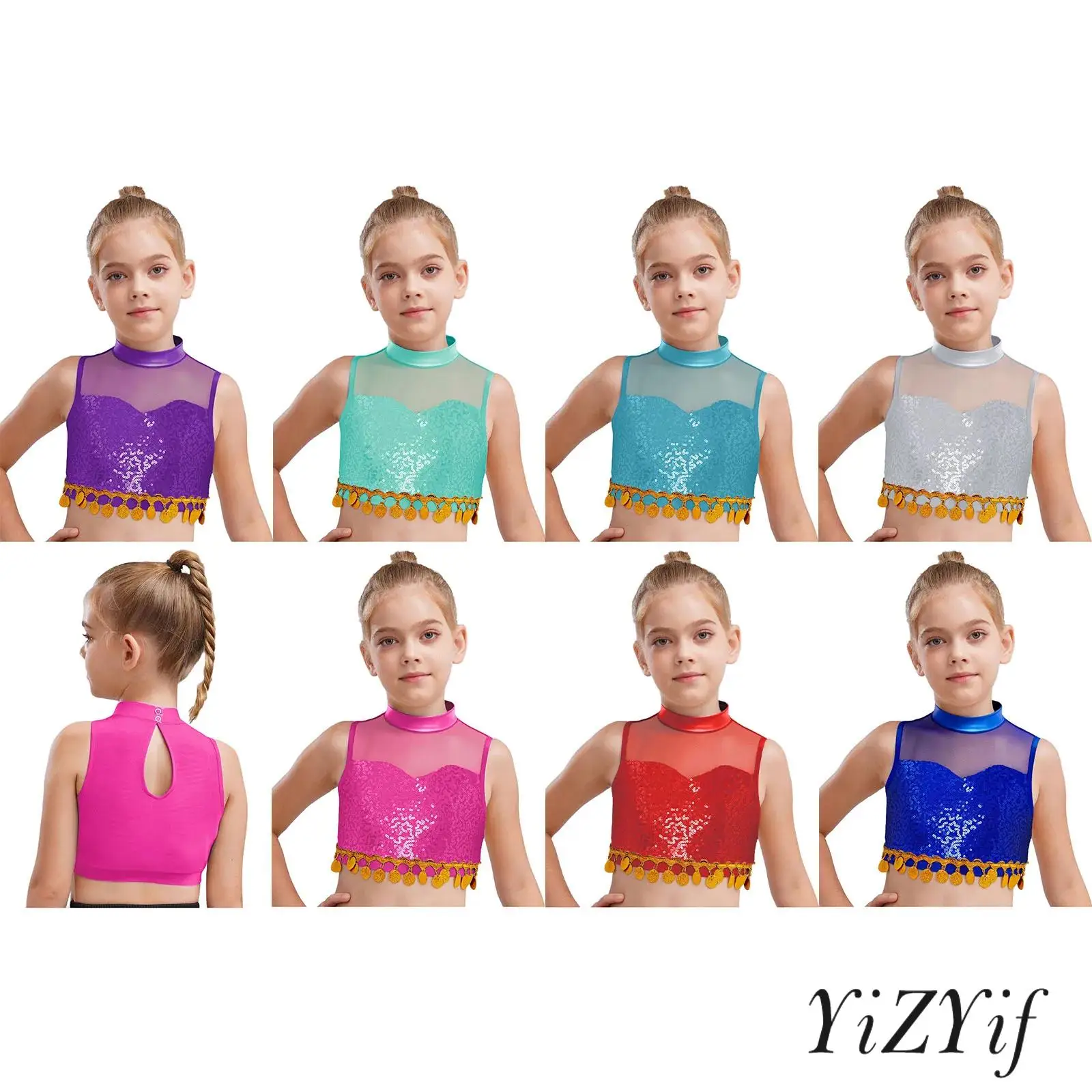 

‌Kids Girls Glamorous Sleeveless Performance Crop Top Shiny Sequins Sheer Mesh Design for Jazz Dance Recitals Fashion Shows