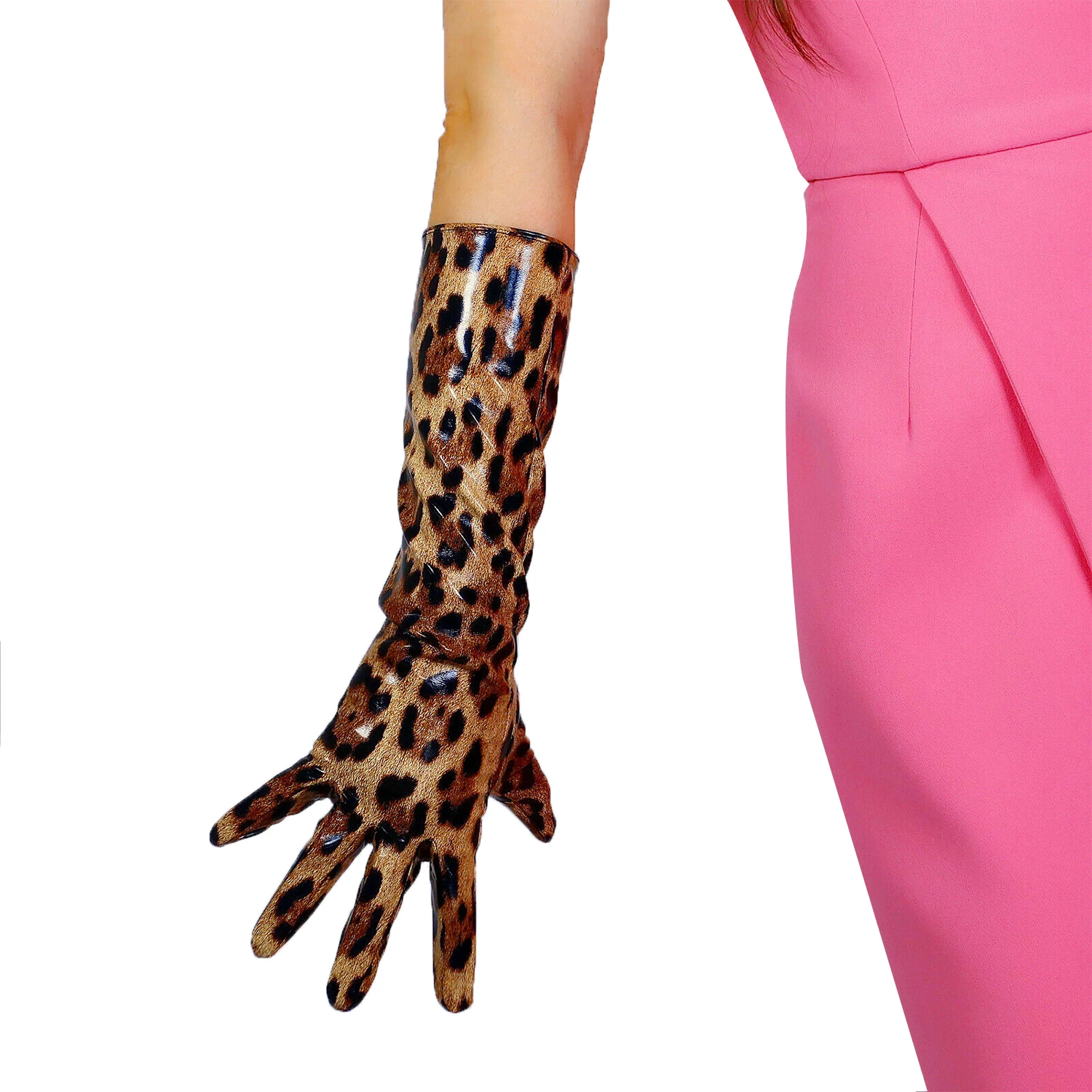 

DooWay Women's Elbow GLOVES Patent Leather Shine Brown Leopard Wild Animal Print Faux LATEX Fashion Show Play Evening Club Glove