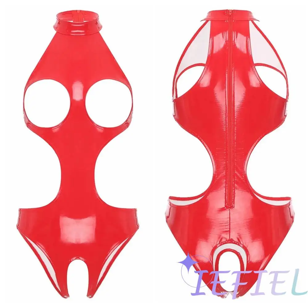 

Women Latex Catsuit Cutout Bodysuit Halter Cupless Hollow Out Zipper Bodycon Jumpsuit Tempting Lingerie Nightwear Bodysuit XXXXL