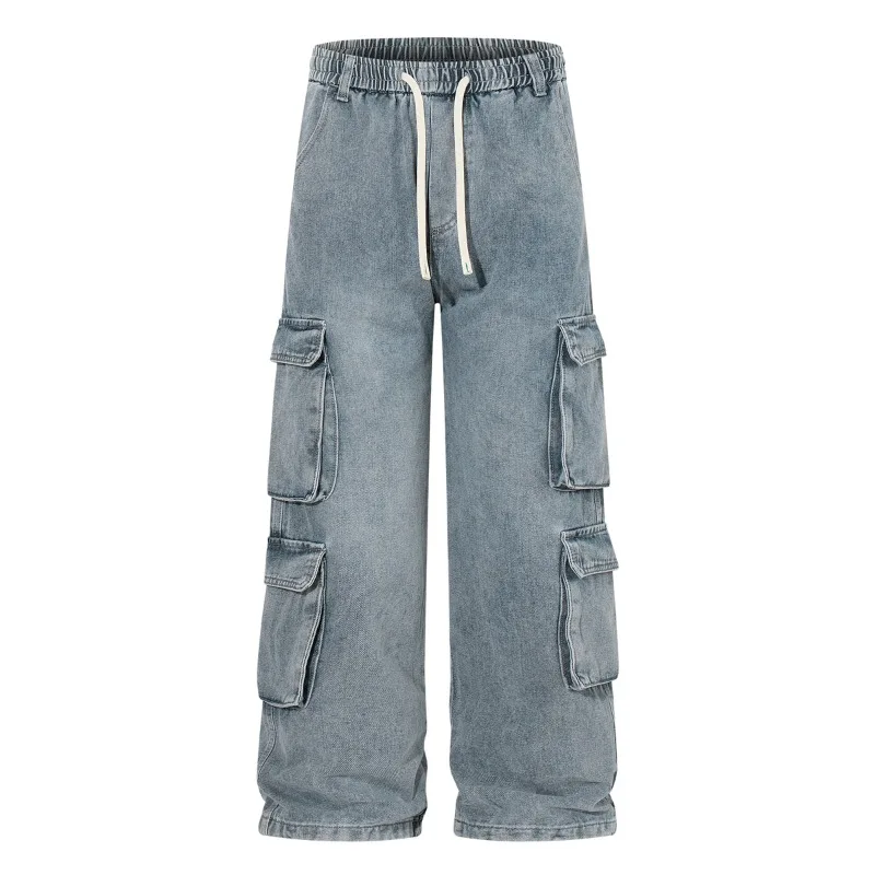 Gradient Ribbons Jeans Multi-pockets Drawstring for Men Women Harajuku Streetwear Baggy Y2K Denim Trousers Cargo Pants