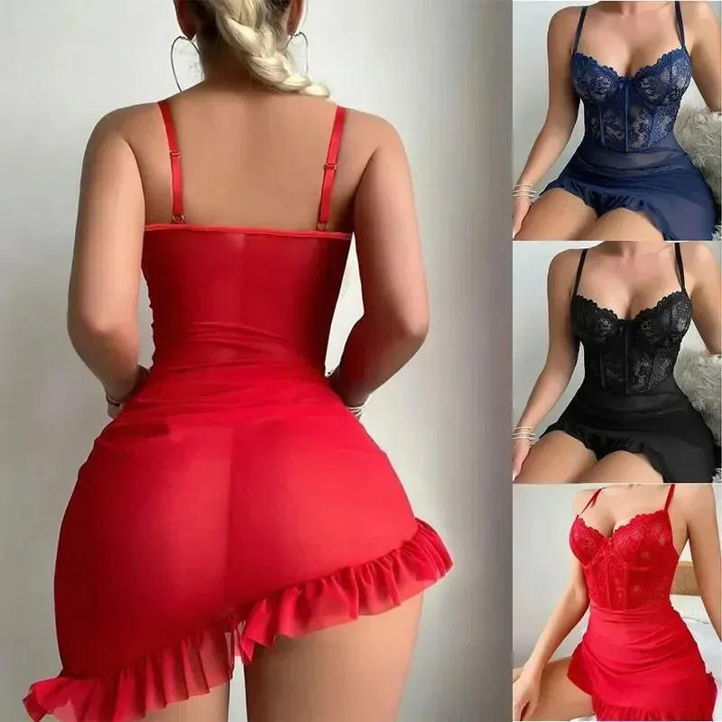 

Transparent Underwire Bra Erotic Set Sexy Fairy Lingerie Women's See Through Lace Nightdress Pajamas Sets Delicate Sexy Nighty