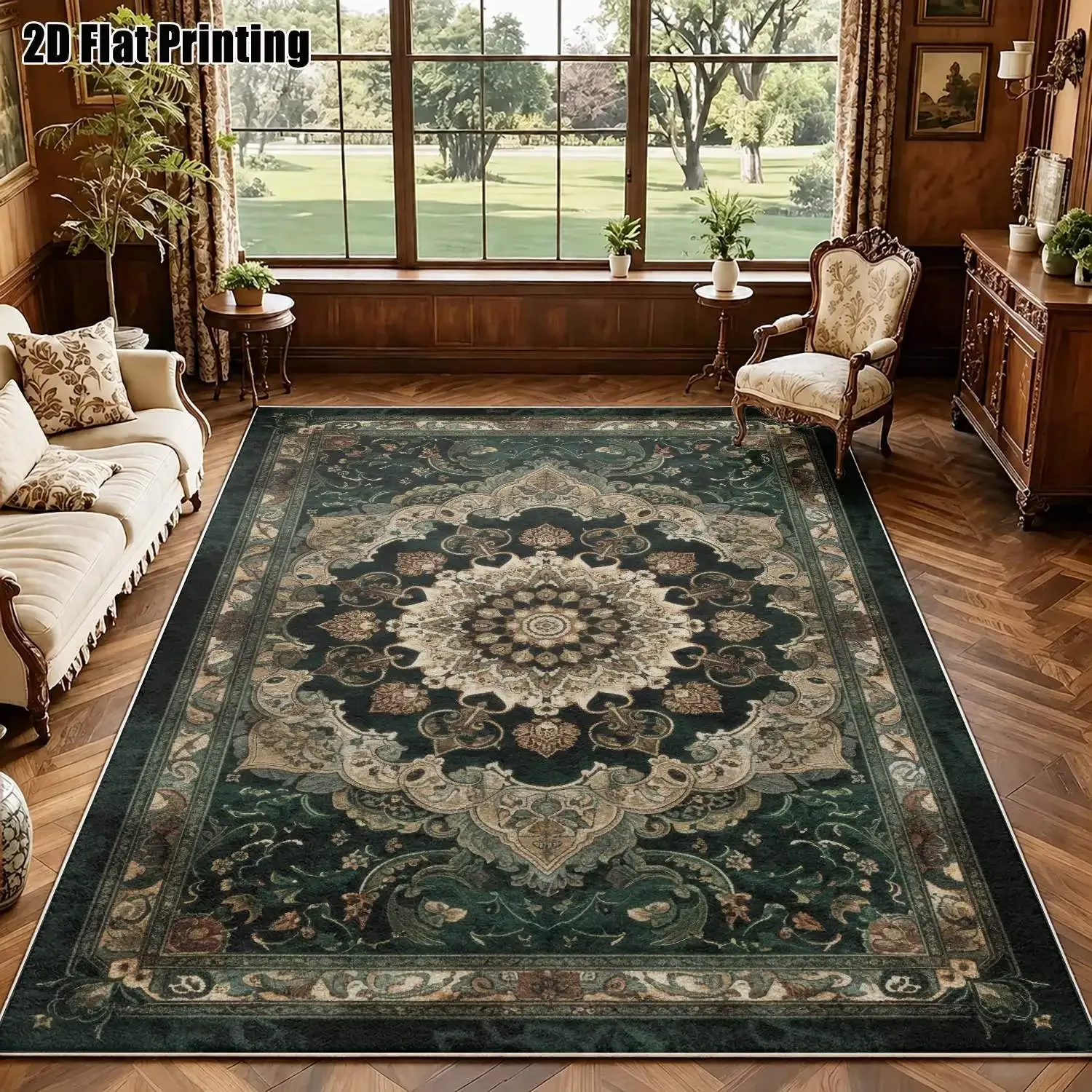 1Pc 2D Printed Velvet Carpet, Retro Ink-Green Floral European Pattern, Bohemian Floor Mat, Multi-Size, Machine Washable, for Hom
