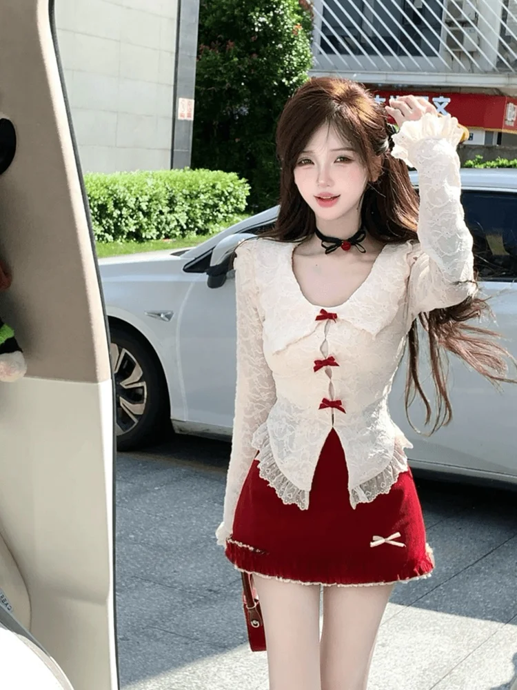 

XZY Pure Desire Sweet Spicy Girl Knot Long Sleeve Shirt Women Early Autumn Retro Skirt Set plus Size Fashion Ensemble