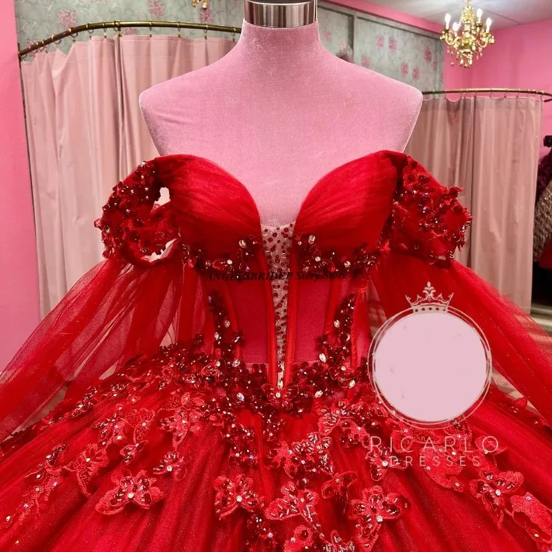 Angelsbridep Luxury Red Quinceanera Dresses Sequins Applique Bead Tulle Sweet 16 Year Vestidos De 15 Anos Court Train Customized