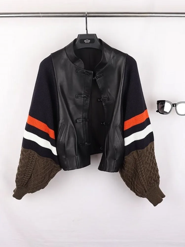 

Leather jacket ,Vintage Women Knitted Batwing Sleeve Short Coat Autumn Stand Collar Single Breasted Patchwork Sheepskin Genu2024