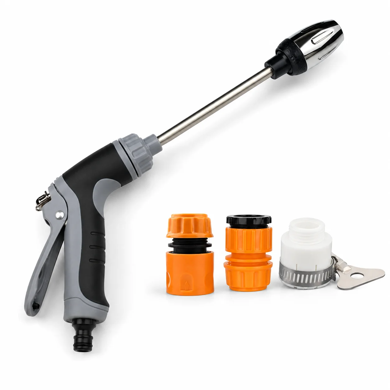 Garden Hose Sprayer Long Metal Watering Wand Adjustable Spray Nozzle with Trigger Lock and 3 Connectors for Lawn Patio Cleaning