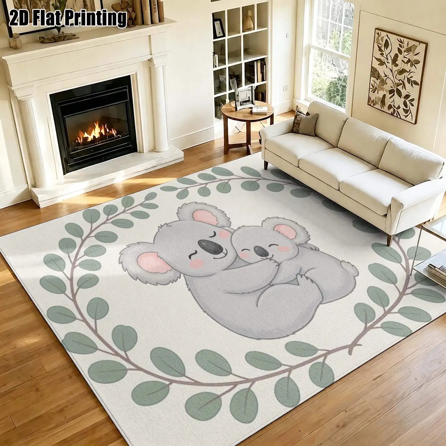 1Pc 2D Printed Light Gray Koala Hugging Nordic-Style Carpet, Instagram-Inspired Modern Minimalist Floor Mat for Home Decor, Multi-Size, Machine Washable, Suitable for Entrance, Dining, Foyer, Bedroom, Living Room
