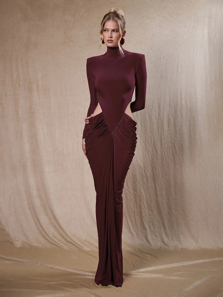 VC soirée à la mode luxe marron foncé col haut épaule rembourrée avec découpe et robe froncée robe de bal Maxi