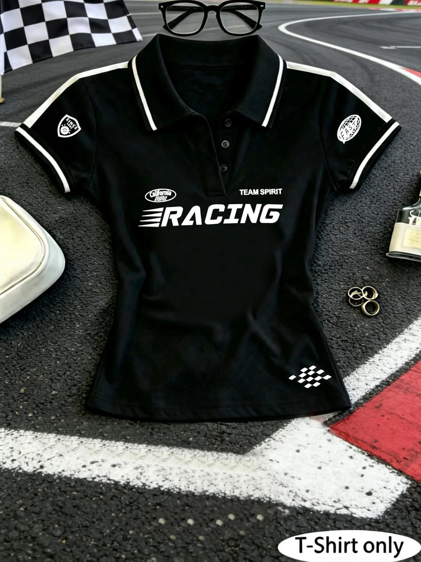 Women Y2K Cropped Polo Shirt, RACING Team Spirit Multi‑Badge Print Short Sleeve,Daily Street Sports Casual Wear