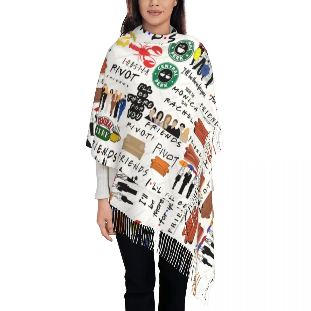 Vintage Friends Symbol Collage Tassel Scarf Women Soft TV Show Shawl Wrap Lady Winter Fall Scarves