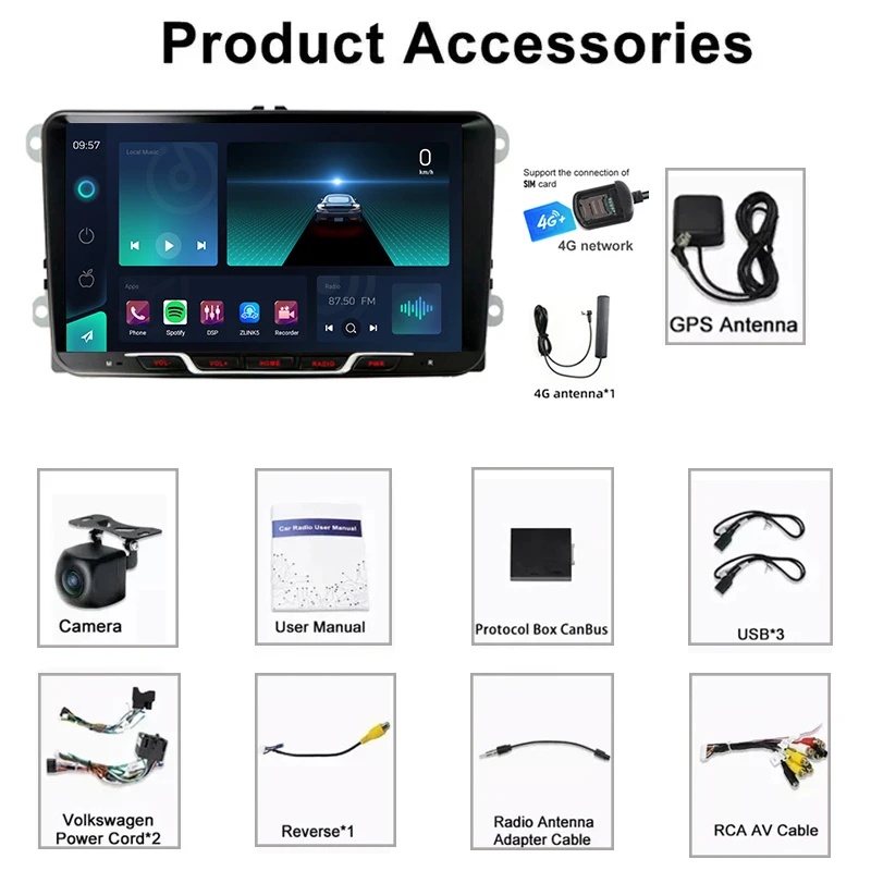 9'' For VW Passat CC 2008-2011 Car Radio 4G SIM Carplay Android 15 Auto GPS Steering wheel control Navi Camera Google Map 2DIN