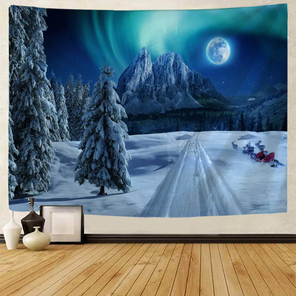 

Winter snow scene Christmas tree tapestry Bohemian room wall decoration Wall hanging Christmas retro aesthetic decoration