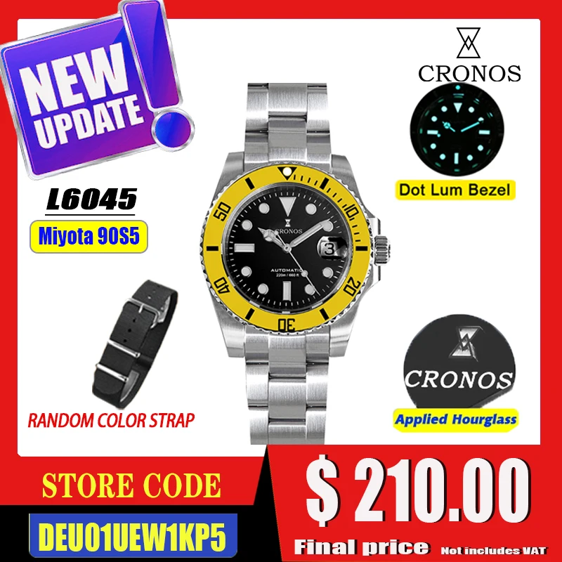 

Cronos Новые 40 мм дайверские мужские часы Роскошные Miyota9015 Автоматические механические часы с сапфировым стеклом Водонепроницаемые 200 м Glideclasp L6045
