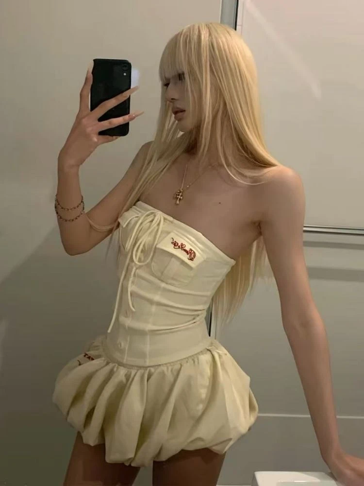 

New American Desire Sexy Hot Girl Y2k Sets Chic Strap Tube Top + High Waist Bubble Short Skirt Casual Two-piece Set for Women