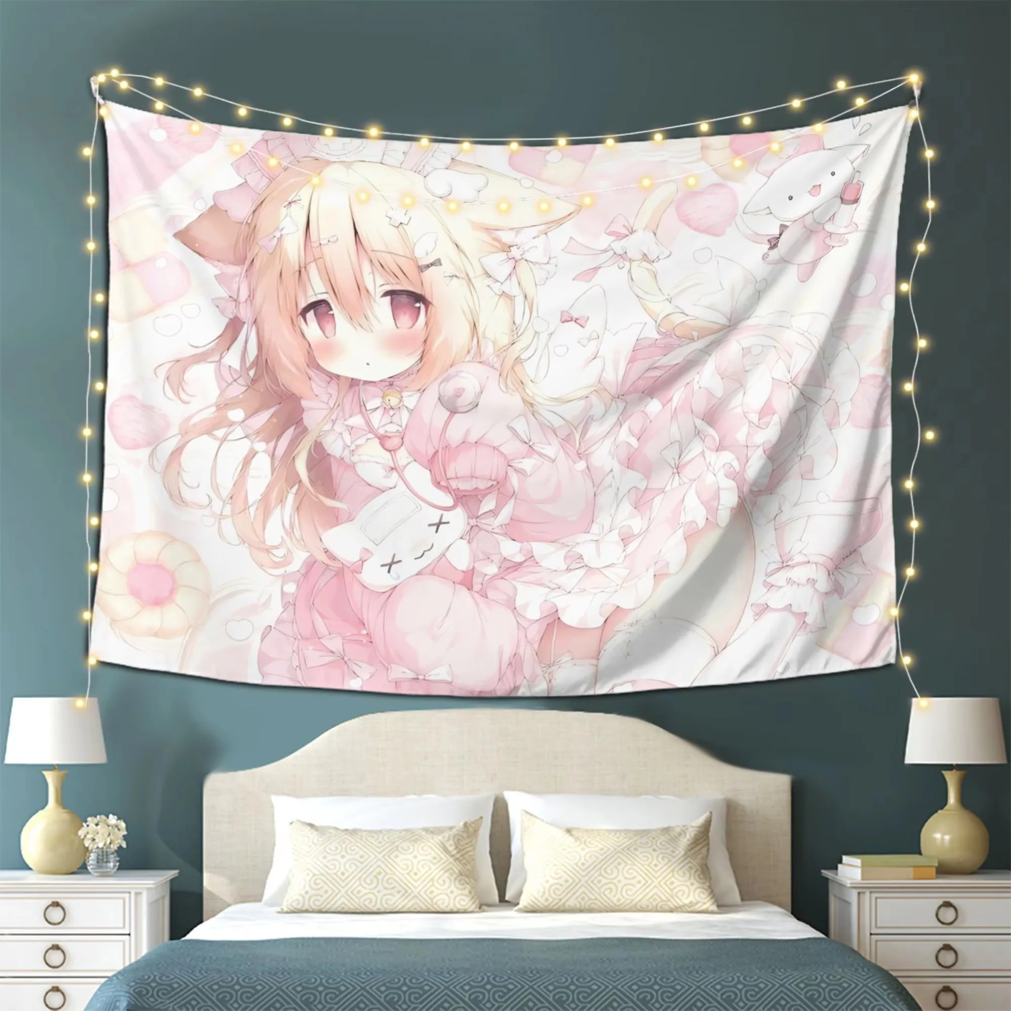Kawaii Cat Girl Anime Tapestry Wall Hanging, Cute Decorative Cloth for Girls Bedroom Dorm Living Room Game Room Decor