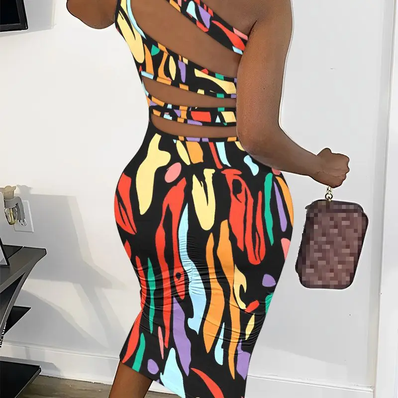 Casual Dress High Waist O-neck Bodycon Slant Shoulder Sexy Dress Women Sleeveless Hollow Print Tight Midi Sexy Dress