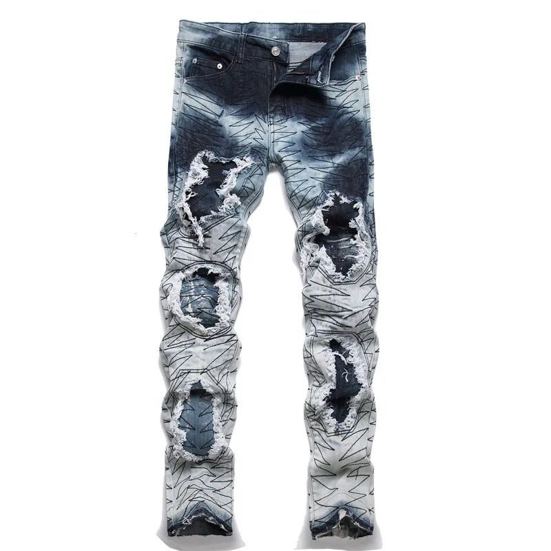 Mcikkny Men Punk Style Hip Hop Jeans Pants Washed Ripped Patchwork Denim Trousers