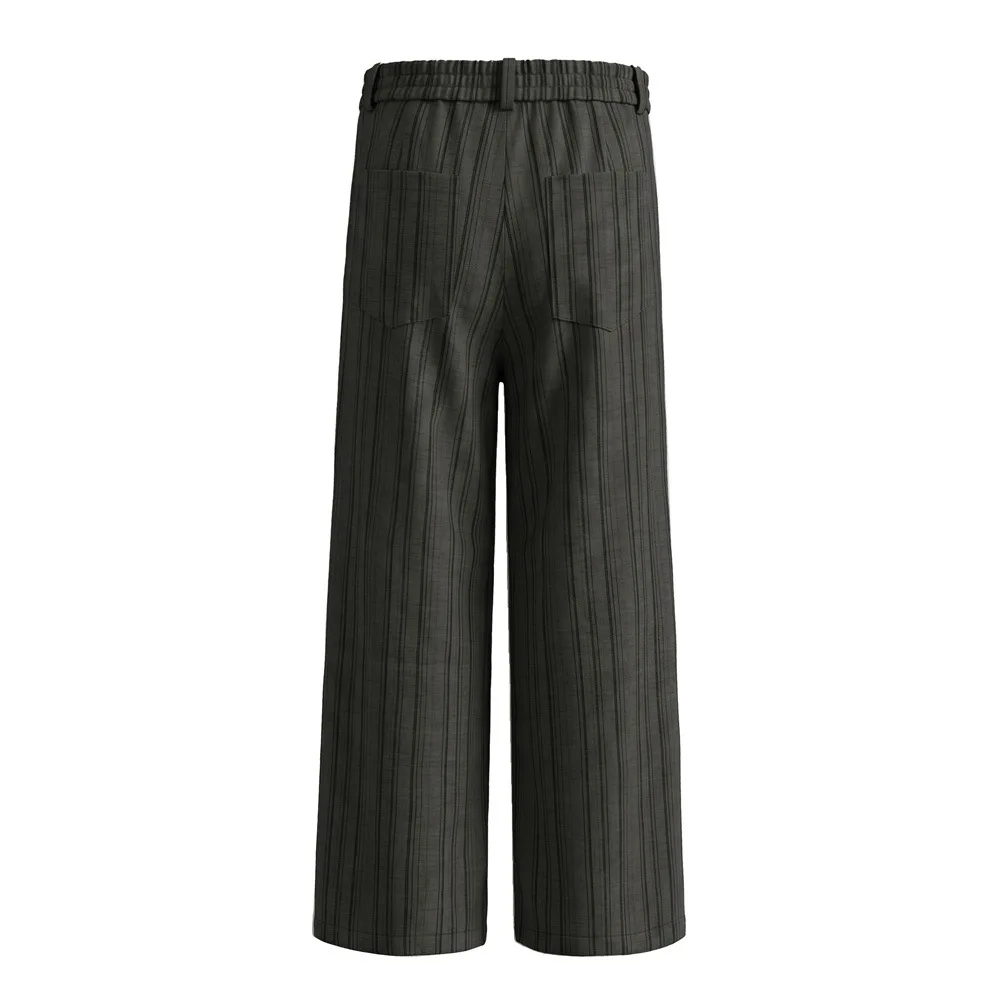 MWJLPWQ Style Vintage Vertical Striped Casual Pants For Men Trendy Pleated Design Button Detail Straight Loose Trousers 20994