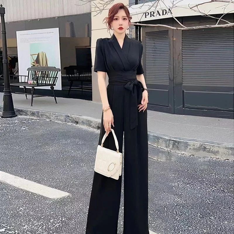 Jumpsuits Summer New High end Jumpsuit Women\'s Elegant Solid Color High Waist Slim Lace up Wide Leg Dropping Bodysuit Women Sets