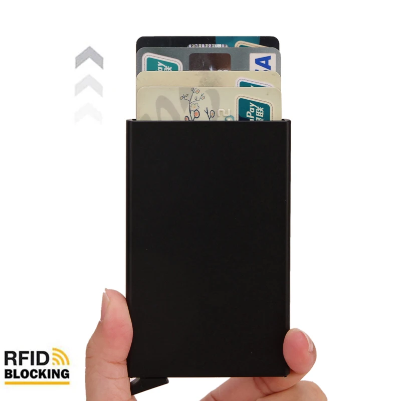 RFID ที่ใส่บัตรกระเป๋าเงินอัจฉริยะกระเป๋าสตางค์โลหะแบบบางแบบบางสำหรับผู้หญิงกระเป๋าสตางค์แบบเรียบง่ายกระเป๋าสตางค์สีดำขนาดเล็กสำหรับผู้ชาย