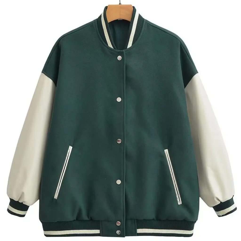 

Korean Style College Imitation Leather Baseball Suit Jacket Stand Collar Color Matching Autumn Winter Women's Casual Coat
