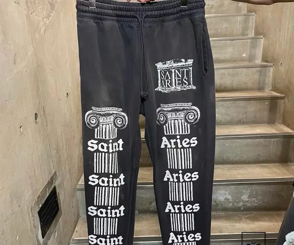 24ss Black Washed Saint Michael Sweatpants Men Women 1:1 Best Quality Logo Printing Oversized Pants Tracksuit Set