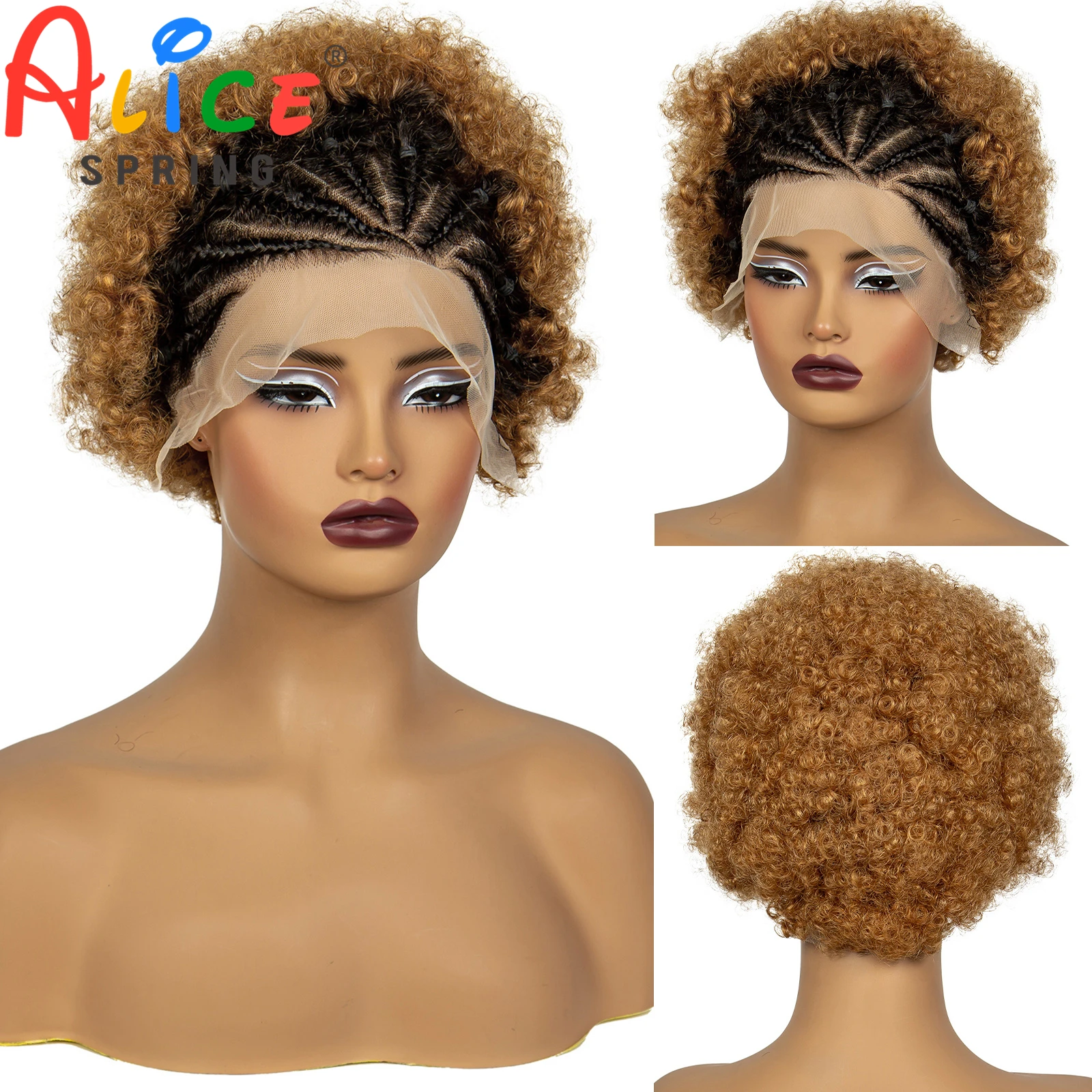 Pelucas de pelo sintético Afro para mujeres negras, 6 pulgadas, 1BT30, Color 13x4, encaje Frontal, corto, trenzado, rizado, aciano, trenzas