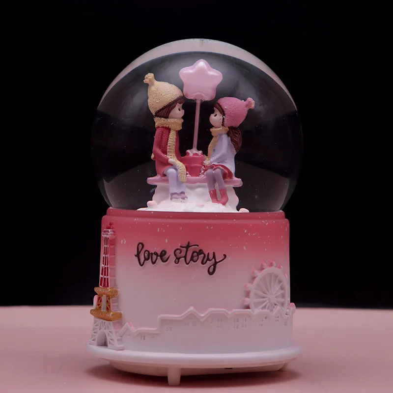 Couple's crystal ball music box, comes with snowy internal rotating battery music box. Holiday birthday gifts