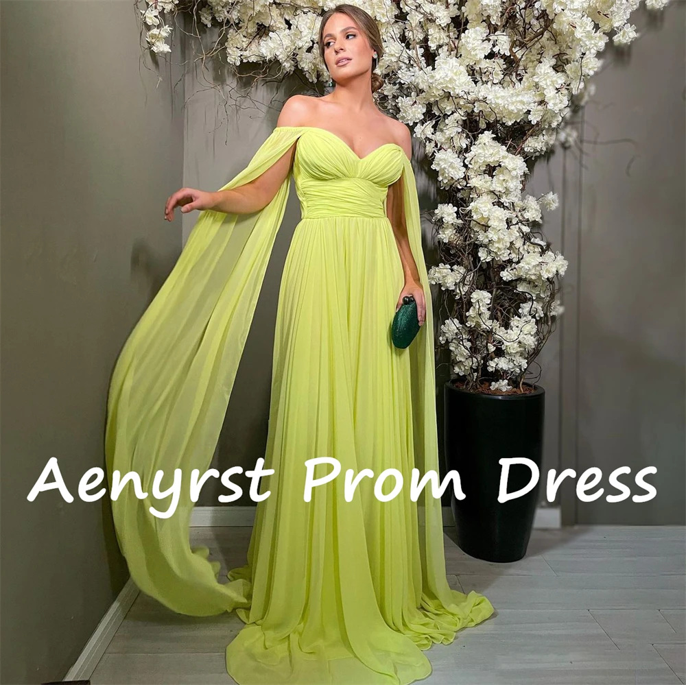 Aenyrst Yellow Off Shoulder Long Cap Sleeves Prom Gown Chiffon customized A Line Evening Gowns Floor Length Dinner Party Dress