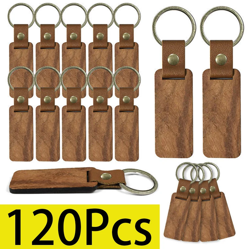 120Pcs Blank Wood PU Leather Keychain Dark Brown Wood Keychains