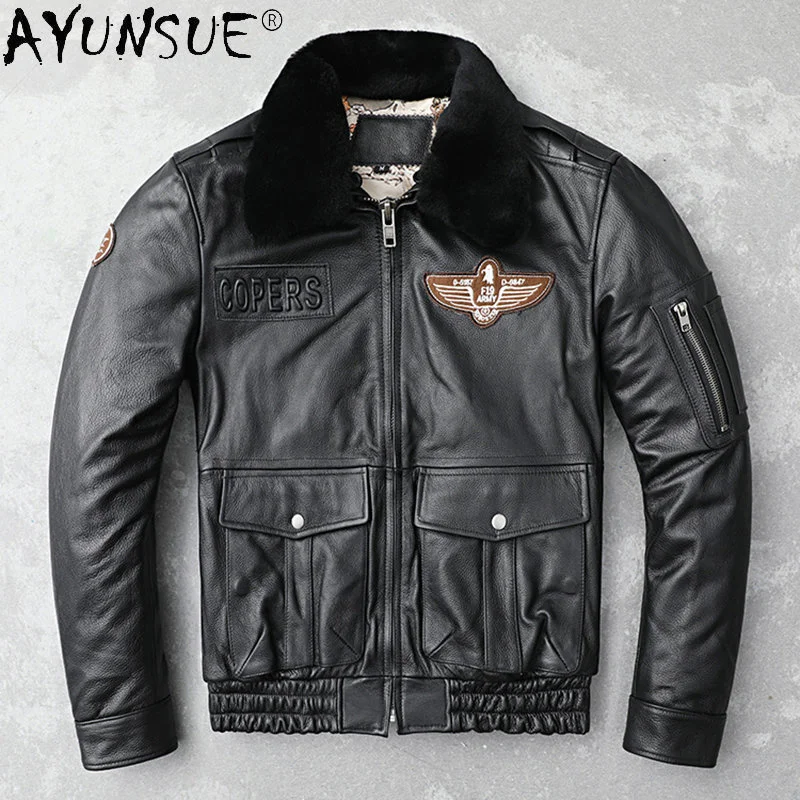 New Men Winter Jackets Genuine Cow Leather Coat Wool Collar Cowhide Coats Slim Bomber Jacket Short Cotton Chaquetas 7XL