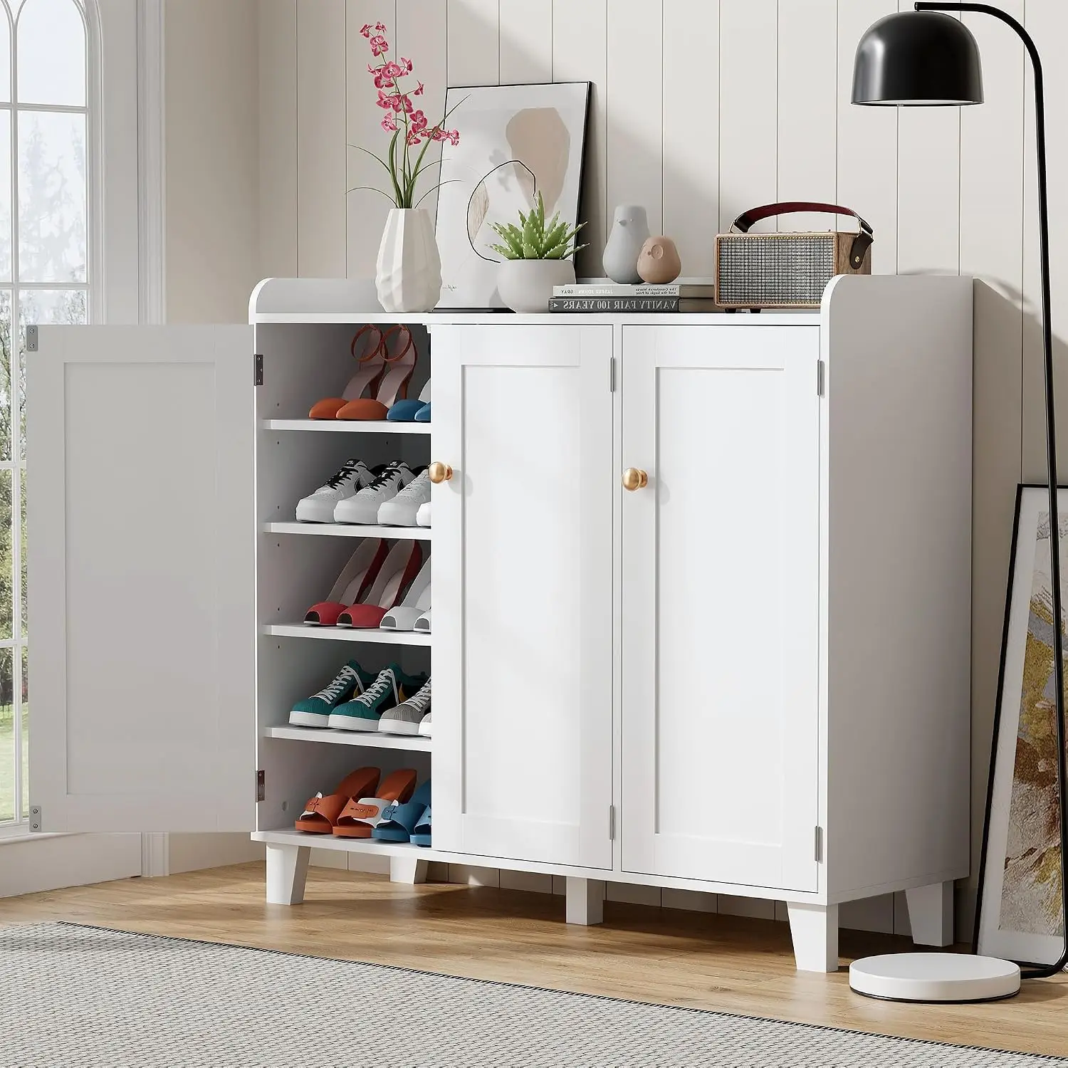 Wooden Shoe Cabinet 3 Doors Adjustable Shelves 40 Inch Tall Flat Shelf Shoe Rack Hallway Entryway Living Room, Customized
