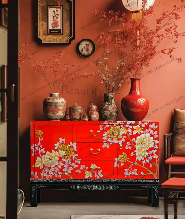 New Chinese screen partition cabinet foyer decoration painted side cabinet