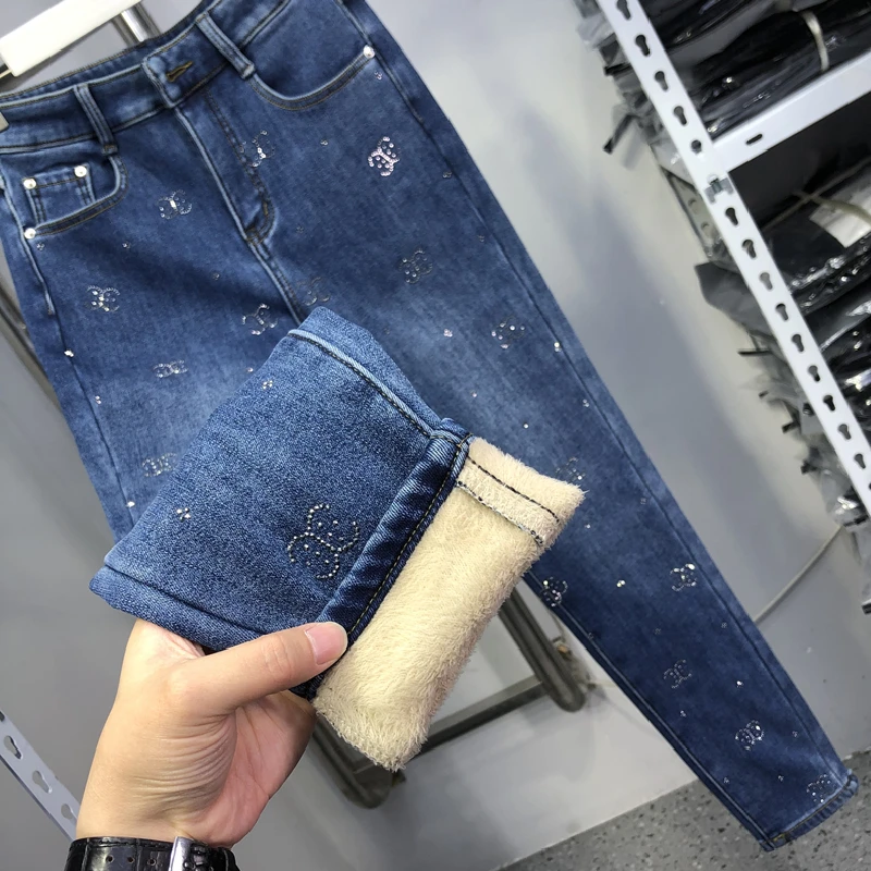 

Thicken Velvet Hot Drilling Blue Denim Pants 2022 New Fashion Women Winter High Waist Stretch Tight Skinny Pencil Jeans Warm