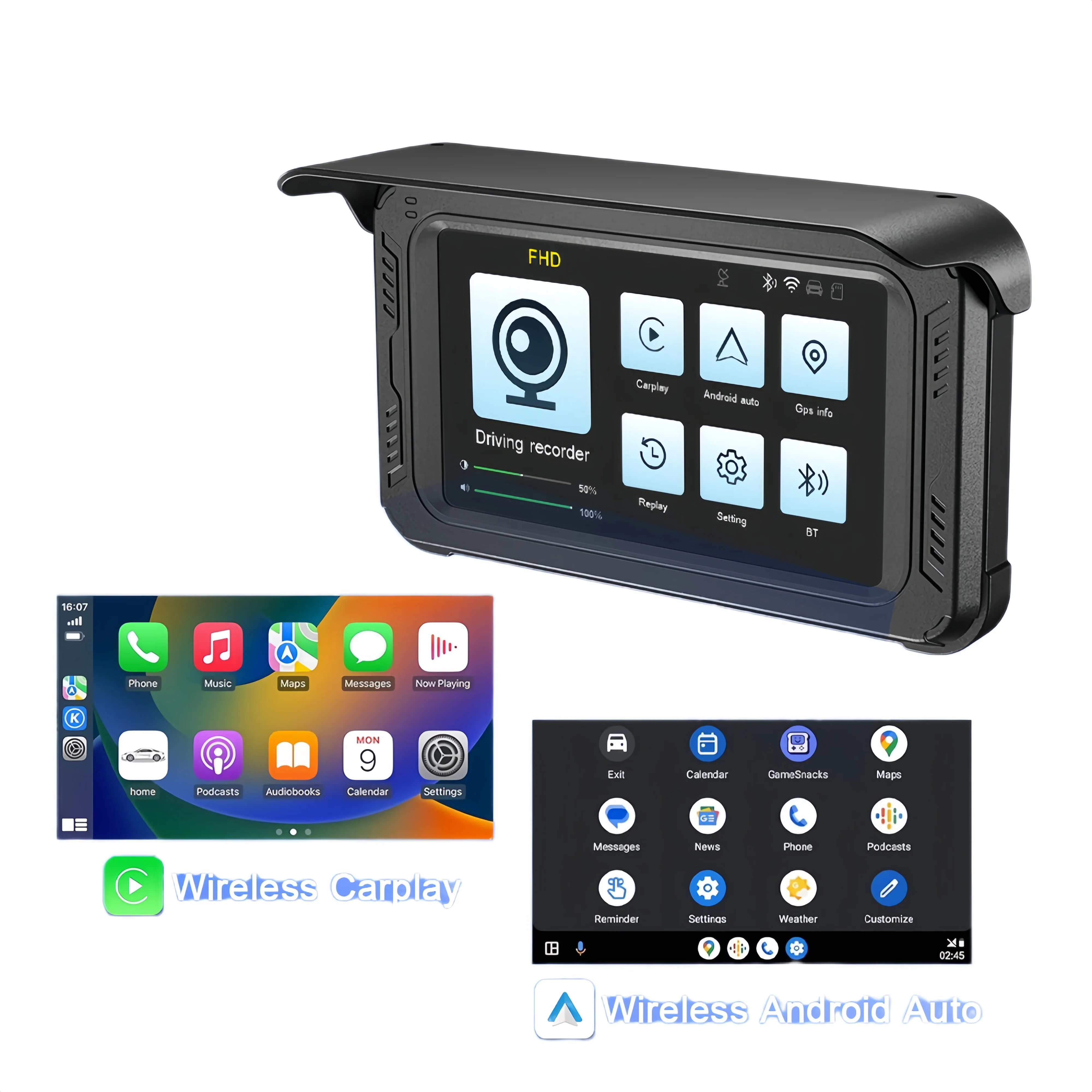 

5" Motorcycle Dual Camera 2K+1080P Dash Cam with CarPlay/Android Auto IP67 Waterproof GPS CS69B