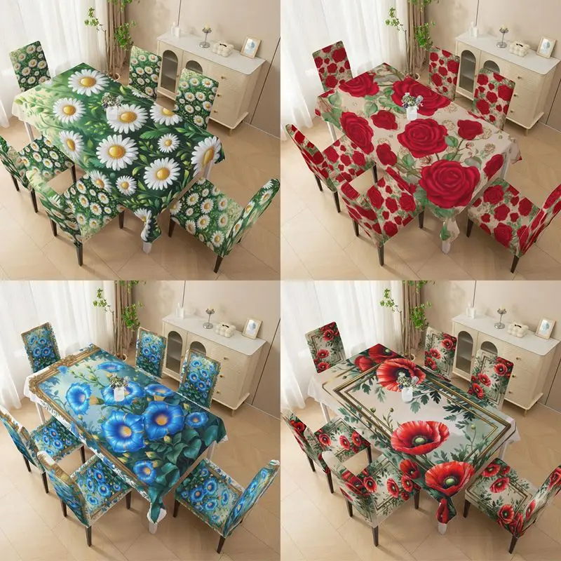 Elastic chair cover Outdoor courtyard high-back chair cover, daisy rose morning glory pattern, restaurant chair cover set