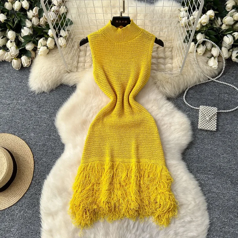 Women Knit Mini Dress New Summer Fashion Sexy Hollow-Out Sleeveless Bodycon Party Dresses Korean Lady Elegant Beach Vestidos 원피스