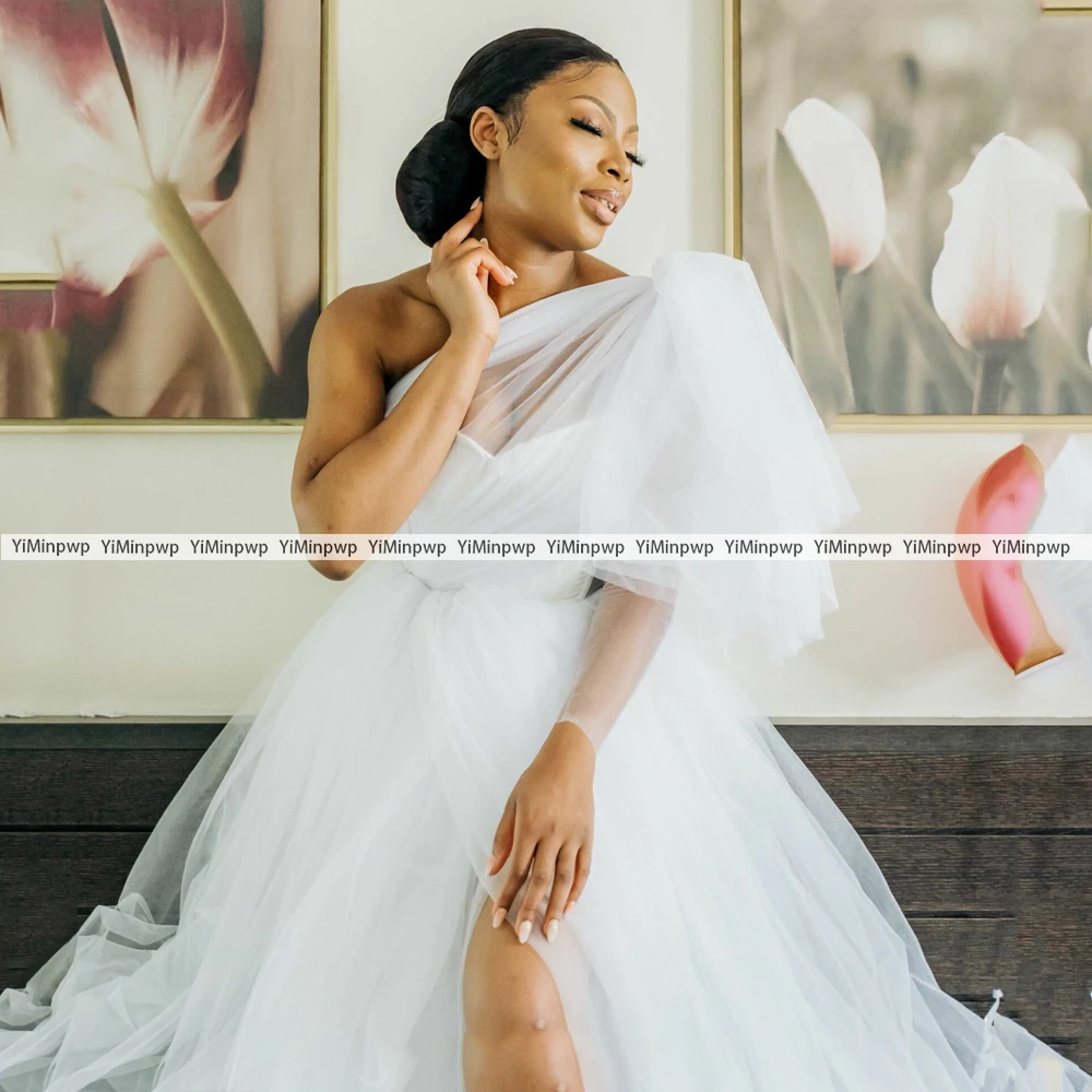 White Bride Robes for Wedding Bridal Shower Dresses One Shoulder Front Split A Line Tulle Africa Reception Gowns Customized
