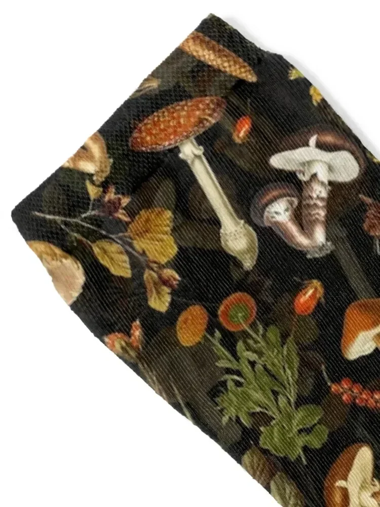 Vintage Mushrooms Forest Autumnal Botanical Pattern - Black Socks Run retro Lots Luxury Woman Socks Men's