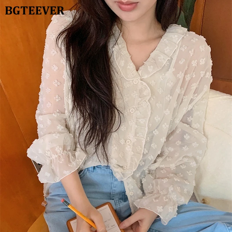 

BGTEEVER Spring Summer Loose Label Women Shirts Elegant Long Sleeve Floral Female Chiffon Blouses Tops